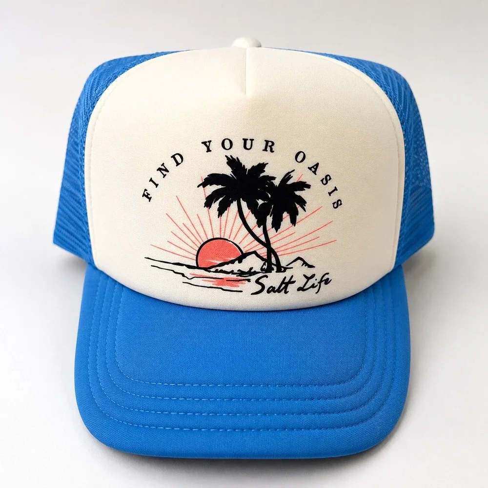 Salt Life Find Your Oasis Trucker Hat Blue White Mesh Snapback Cap Beach NEW
